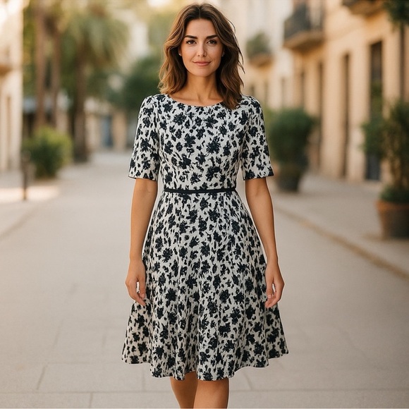 Maggy London Floral Print Fit & Flare Black White Sateen Midi Dress Size 10 - Picture 1 of 12